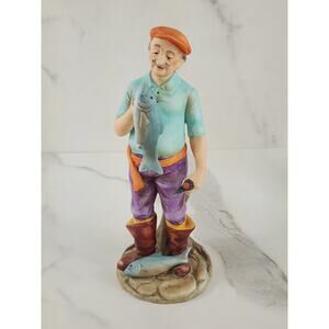 Lefton Fisherman Figurine Holding Fish 8 1/2" Porcelain Farm Home Decor Japan